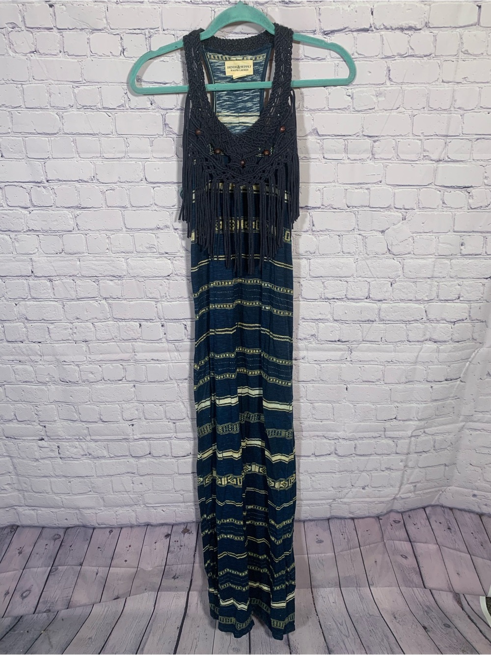 Denim & Supply Ralph Lauren Womens Striped Crochet Fringe Maxi Dress Navy Size M